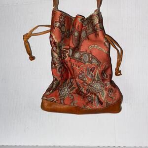 Furla Vintage Red Floral Tapestry Brown Leather Trim Bucket Bag Purse Women's